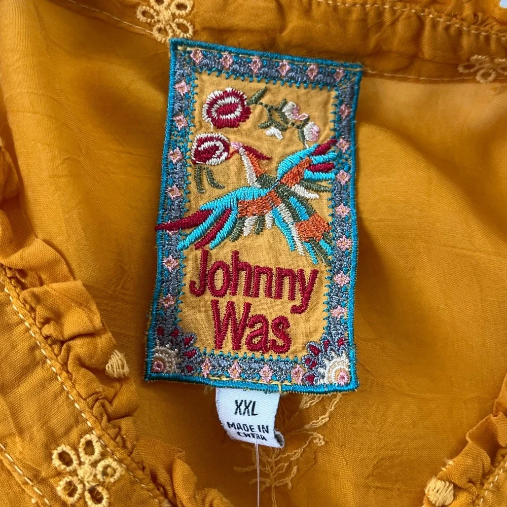 NWT Johnny Was Lara Georgette Feather Embroidered Mustard Yellow Scalloped Hem - Picture 6 of 9